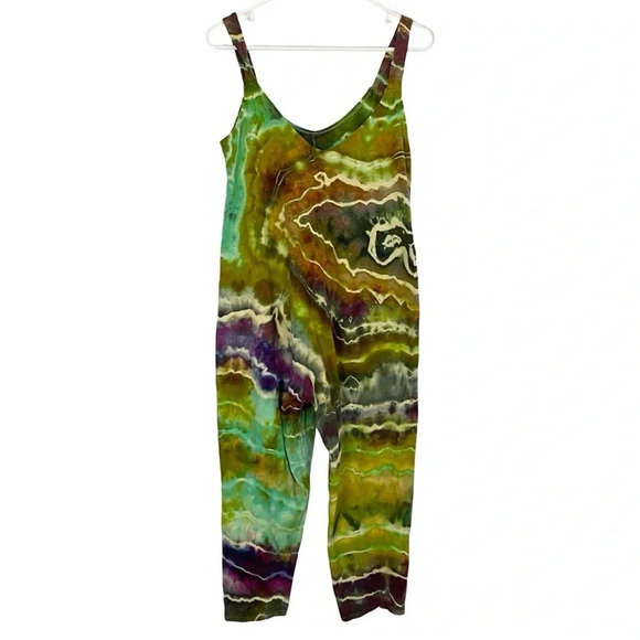 Handmade Geode Tie Dye Jumpsuit Romper Jumper Womens Small Cotton Chartreuse - Picture 2 of 12